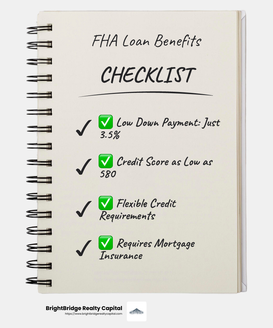 FHA loans offer low down payments and more flexible credit requirements. - property loan programs infographic checklist-notebook