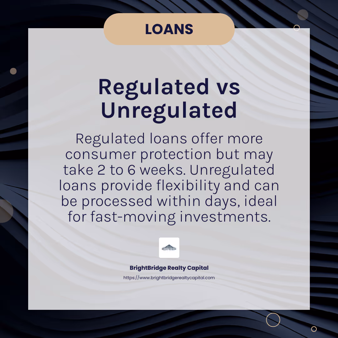 Regulated loans offer consumer protection, but unregulated loans provide speed and flexibility - how quickly can i get a bridging loan infographic simple-info-card-dark
