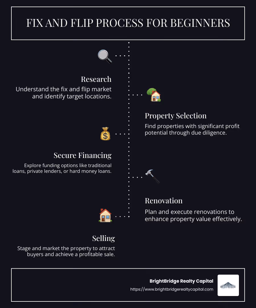Infographic detailing the process of fix and flip for beginners: steps to find a good property, secure financing, plan renovations, avoid pitfalls, and estimate costs. - fix and flip for beginners infographic infographic-line-5-steps-dark