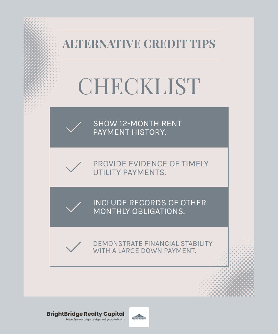 Alternative credit histories can be key for securing no credit check real estate financing - no credit check real estate infographic checklist-light-blue-grey