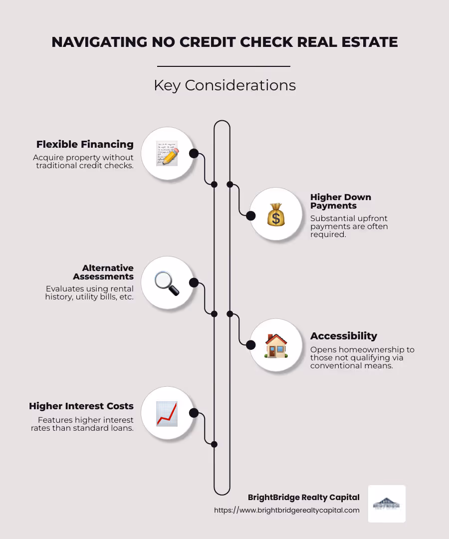 Detailed infographic about no credit check real estate detailing flexible financing options, higher upfront payments, alternative assessment methods, and potential high costs associated with such financing - no credit check real estate infographic infographic-line-5-steps-neat_beige