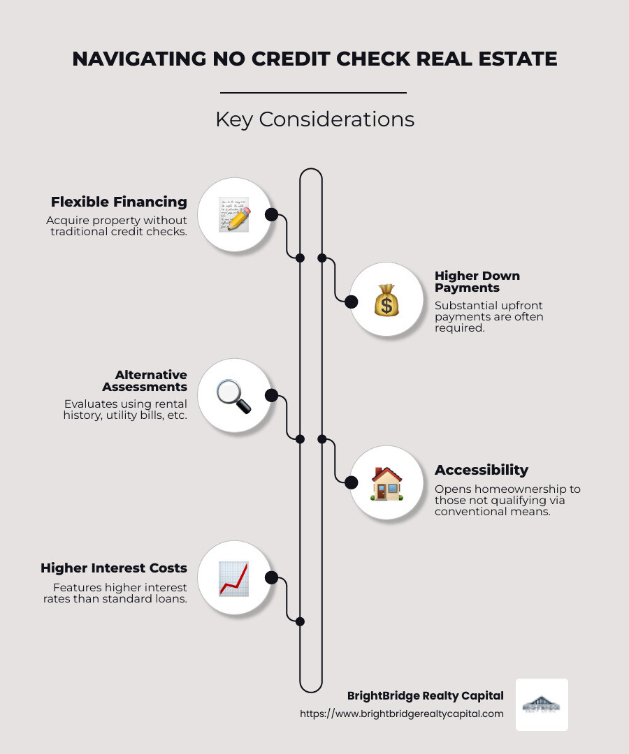 Detailed infographic about no credit check real estate detailing flexible financing options, higher upfront payments, alternative assessment methods, and potential high costs associated with such financing - no credit check real estate infographic infographic-line-5-steps-neat_beige