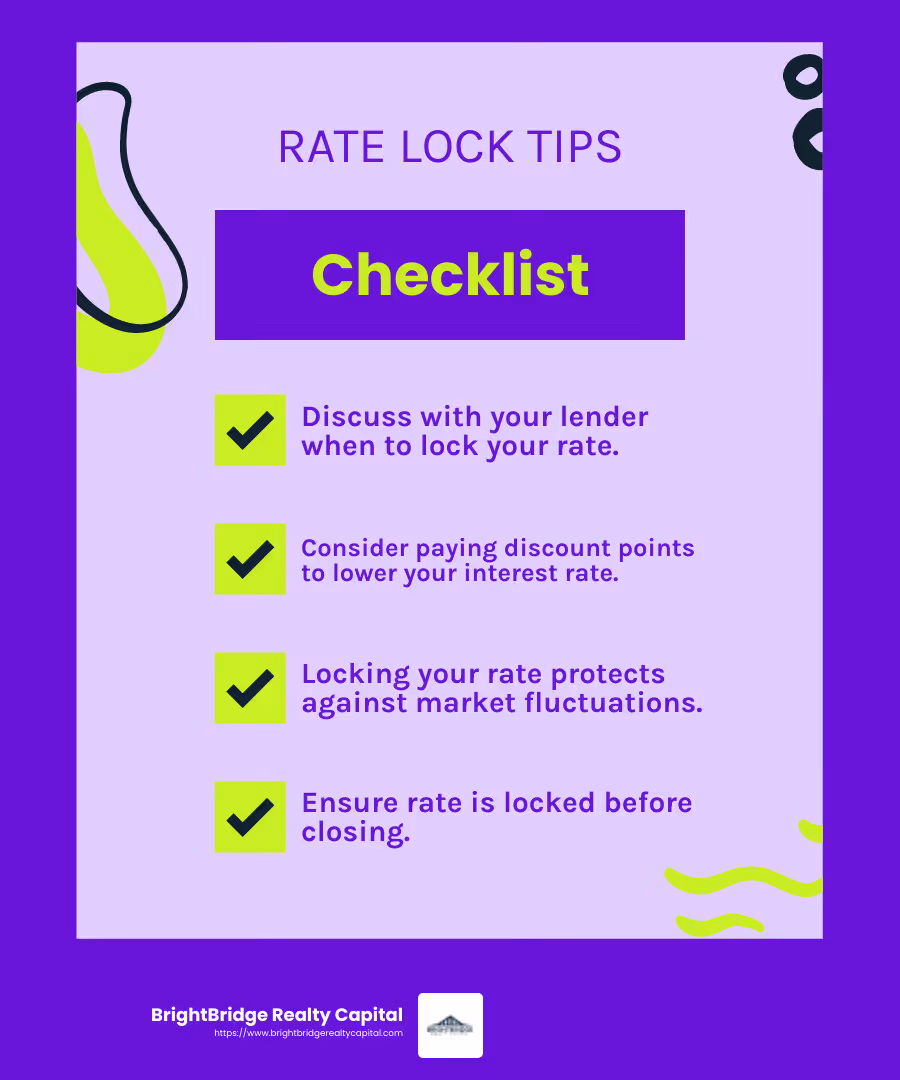 Locking in your interest rate can protect you from potential increases, ensuring your loan terms remain favorable. - real estate loan application infographic checklist-fun-neon