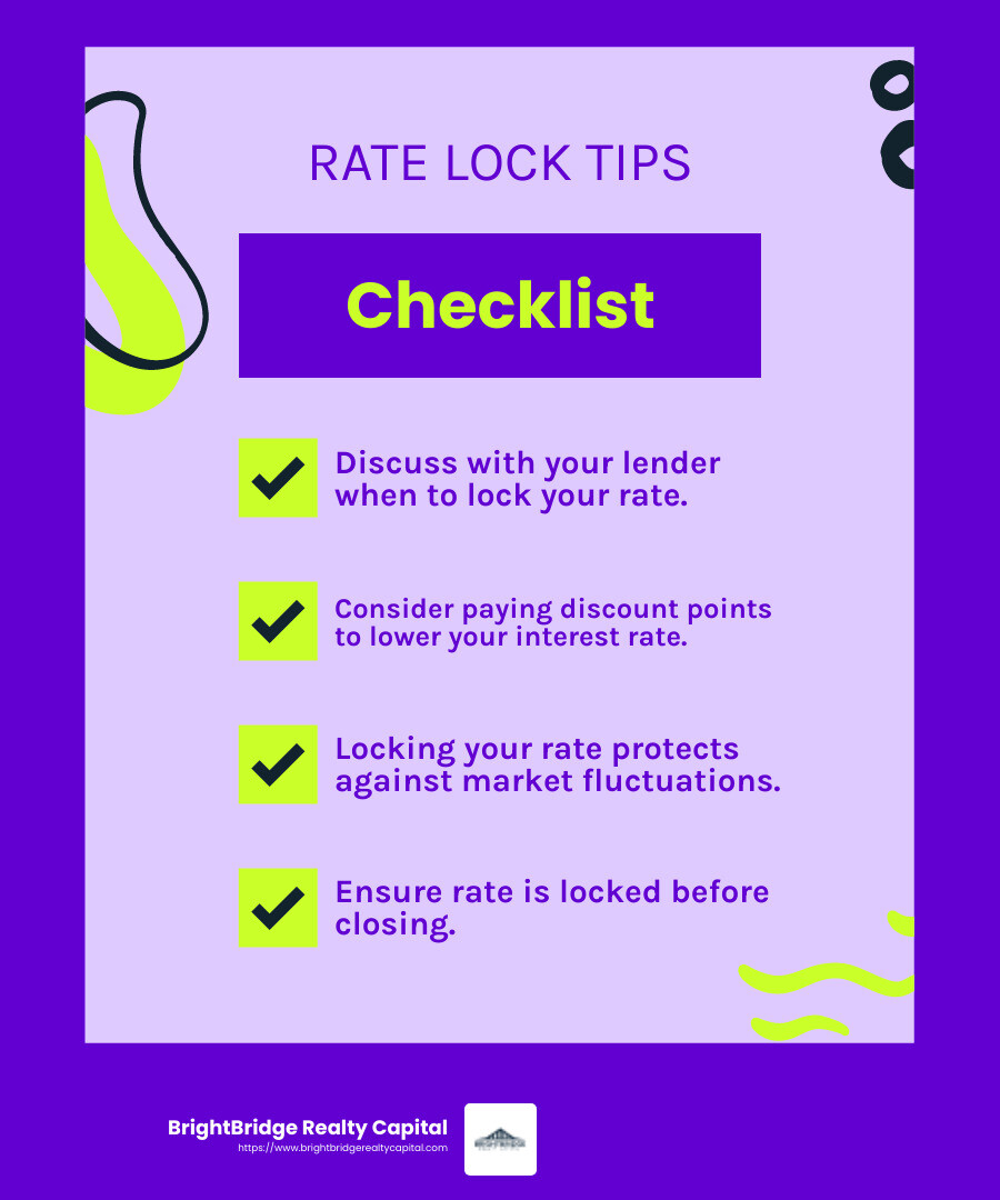 Locking in your interest rate can protect you from potential increases, ensuring your loan terms remain favorable. - real estate loan application infographic checklist-fun-neon
