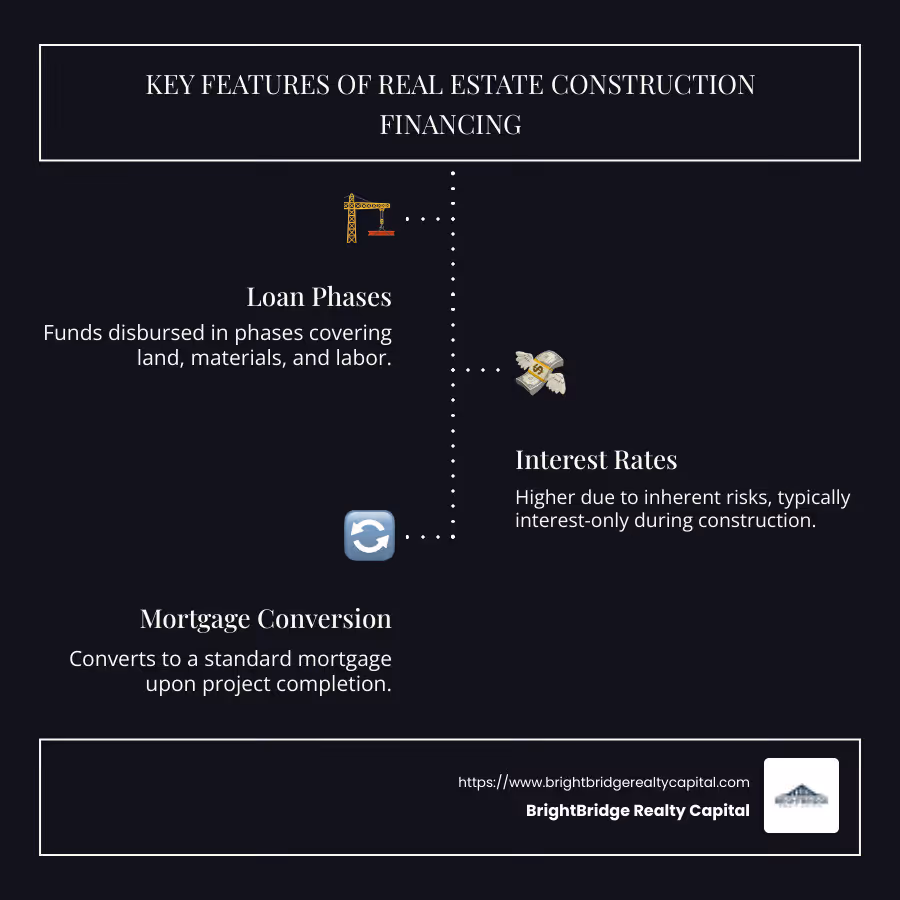 Infographic detailing key features of real estate construction financing, including loan phases, interest rates, and conversion to mortgage options - real estate construction financing infographic infographic-line-3-steps-dark