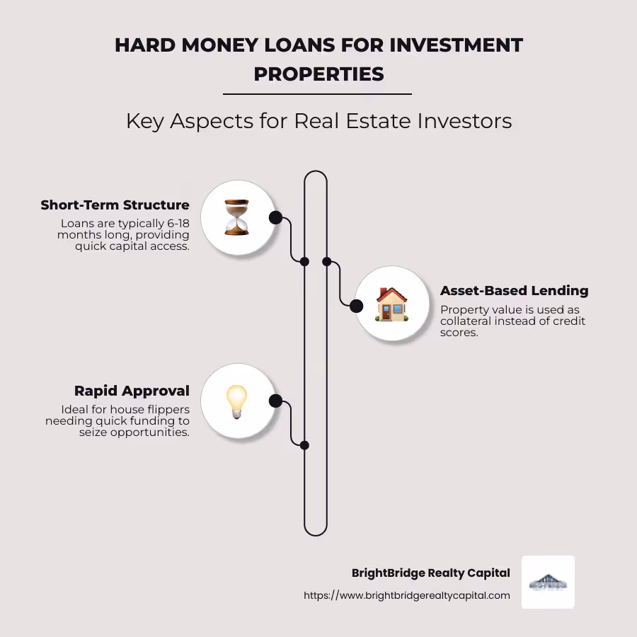 Infographic illustrating the basics of hard money loans, covering key points such as short-term nature, asset-based lending, and rapid approval process with a focus on real estate investors and typical use cases like fix-and-flip projects - hard money loan for investment property infographic infographic-line-3-steps-neat_beige