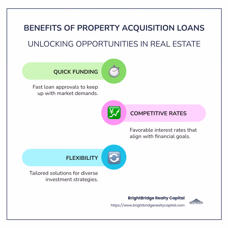 Detailed infographic explaining benefits of property acquisition loans, including quick funding and competitive rates - property acquisition loans infographic infographic-line-3-steps-colors