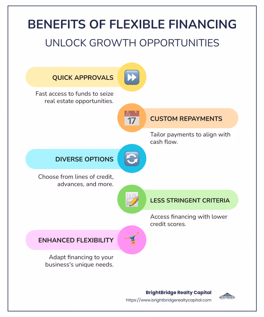 Infographic showing flexible financing benefits: quick approvals, custom repayments, diverse facility choices, and less stringent credit requirements. - flexible financing solutions infographic infographic-line-5-steps-colors