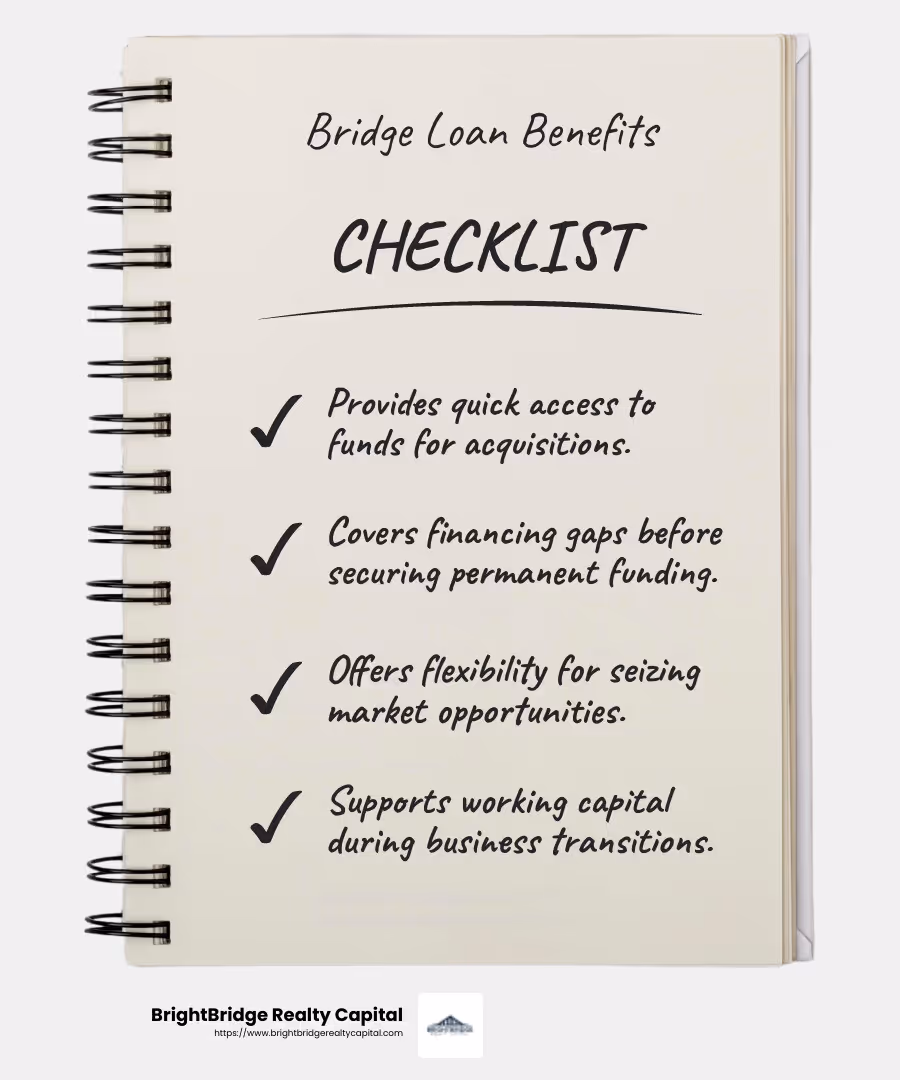 Bridge Loan Benefits - bridge loan for business acquisition infographic checklist-notebook