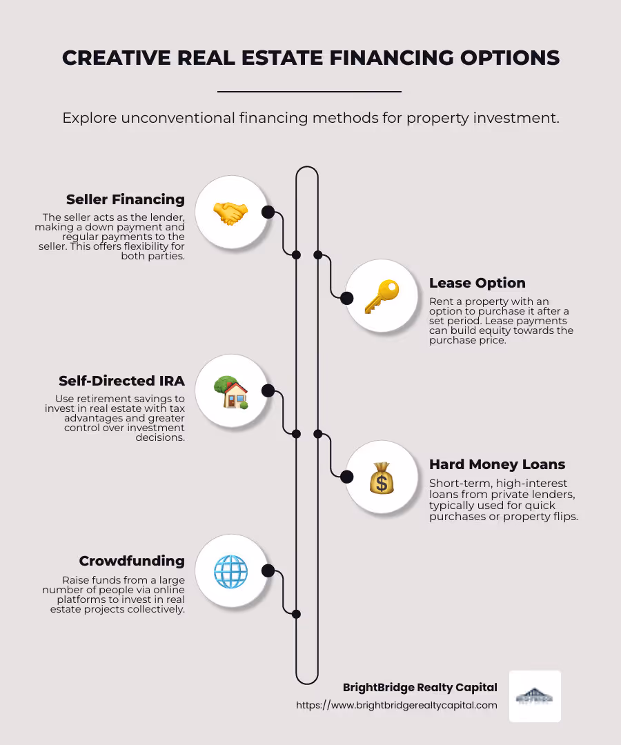 Infographic showing a visual list of creative real estate financing methods, including cash-out refinance, HELOC, personal loans, seller financing, lease option, self-directed IRA, hard money loans, private money loans, FHA loans, crowdfunding, cross-collateralization, subject-to transactions, land trusts, and short sales - creative real estate financing infographic infographic-line-5-steps-neat_beige