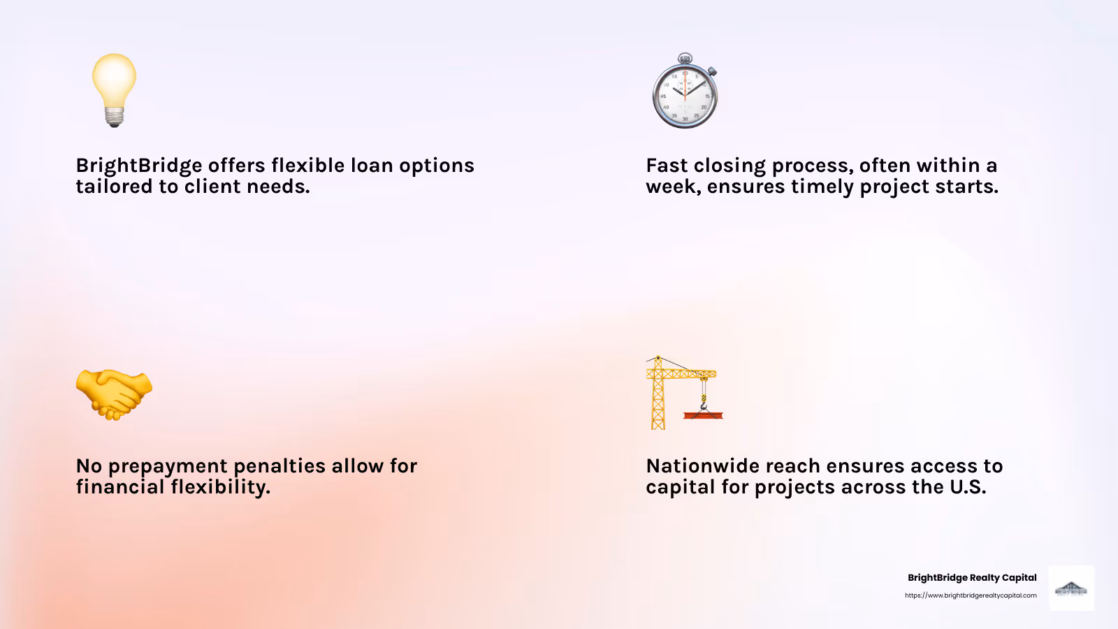 BrightBridge's commitment to fast closings and flexible options makes it a leader in construction lending. - best construction loan lenders infographic 4_facts_emoji_light-gradient