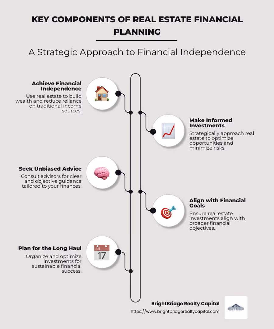 infographic illustrating the key components of real estate financial planning with bullet points for financial independence, strategic investment, and unbiased advice - real estate financial planning infographic infographic-line-5-steps-neat_beige