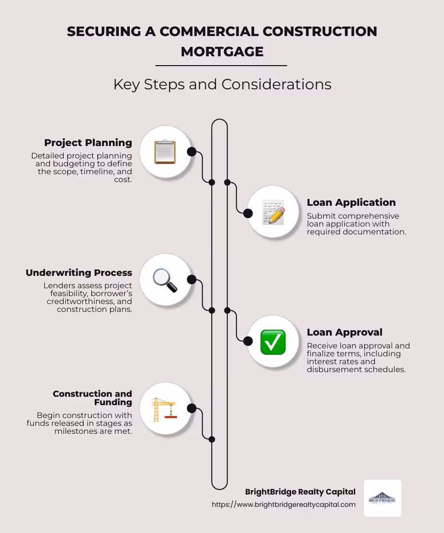 Detailed infographic illustrating the components and process of securing a commercial construction mortgage, including key steps, interest rates comparison, and funding disbursement stages - commercial construction mortgage infographic infographic-line-5-steps-neat_beige