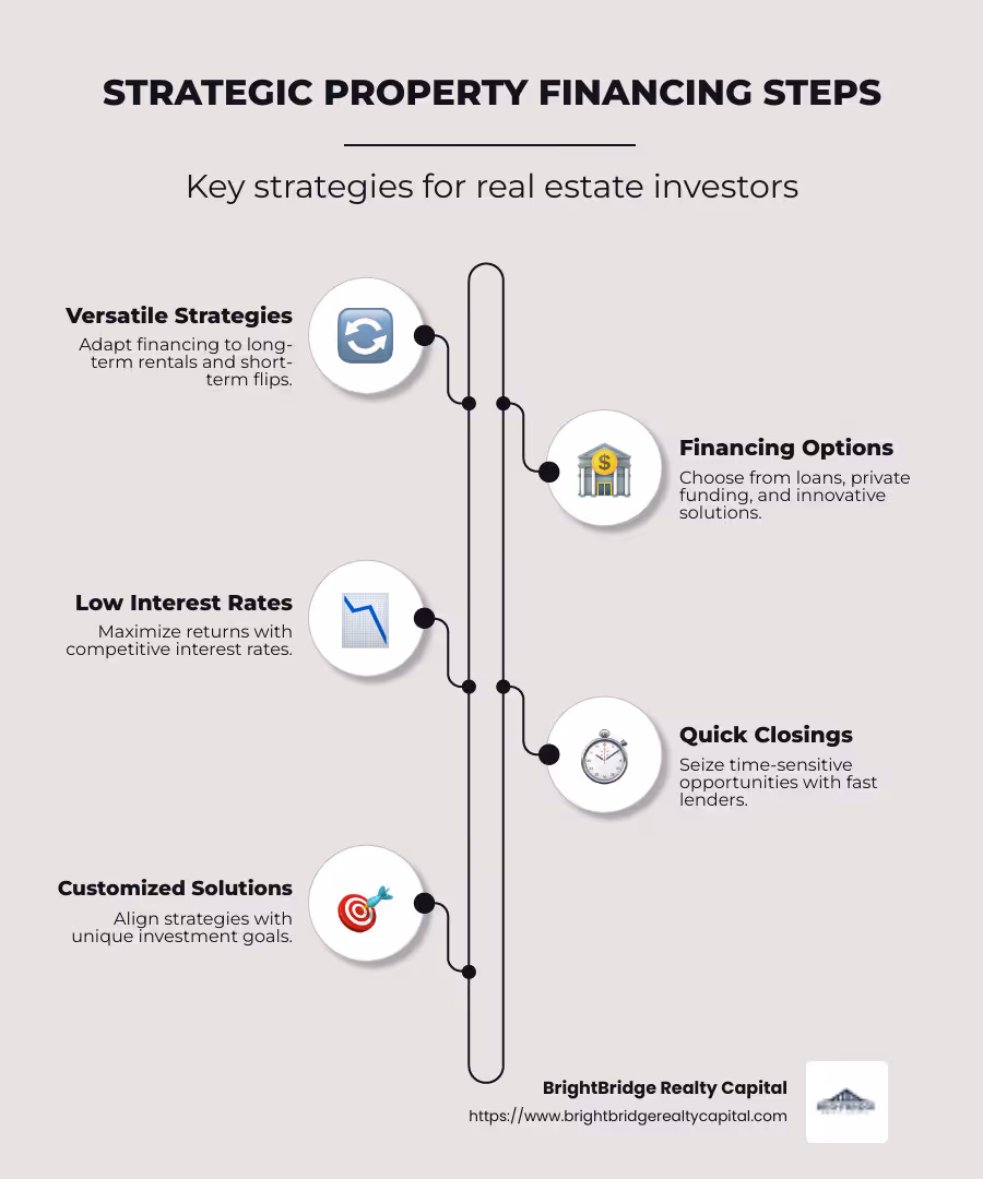 Infographic detailing key financing options and strategies for real estate investors - strategic property financing infographic infographic-line-5-steps-neat_beige