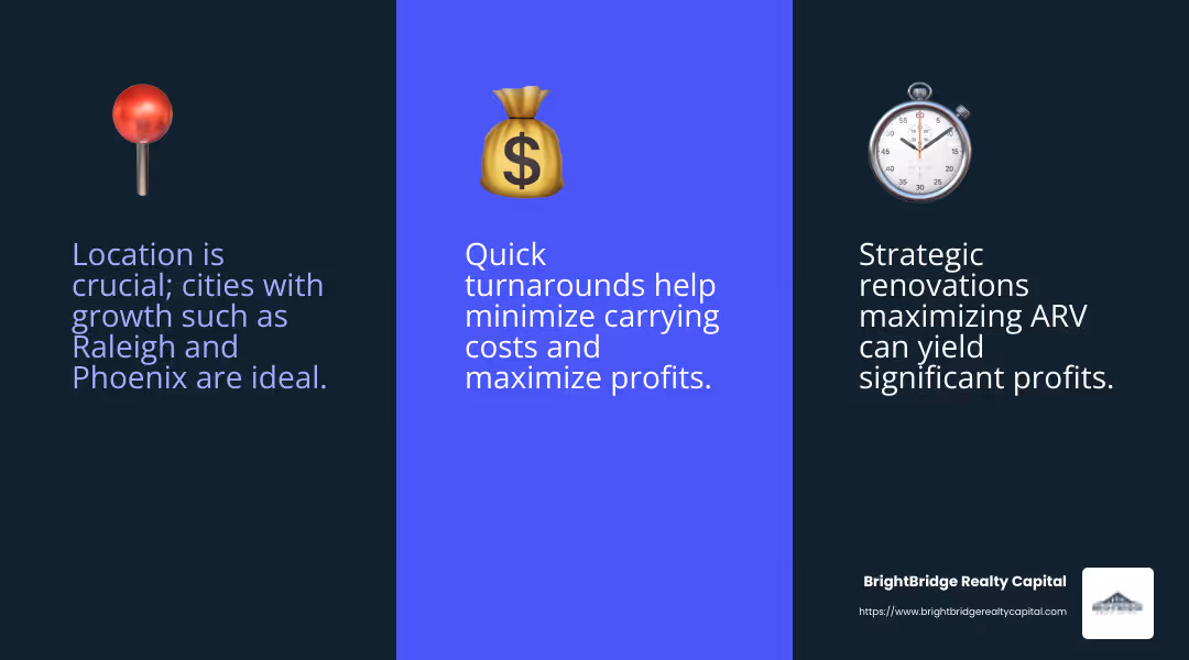 Quote about the importance of quick turnarounds in house flipping - fix and flip market infographic 3_facts_emoji_blue