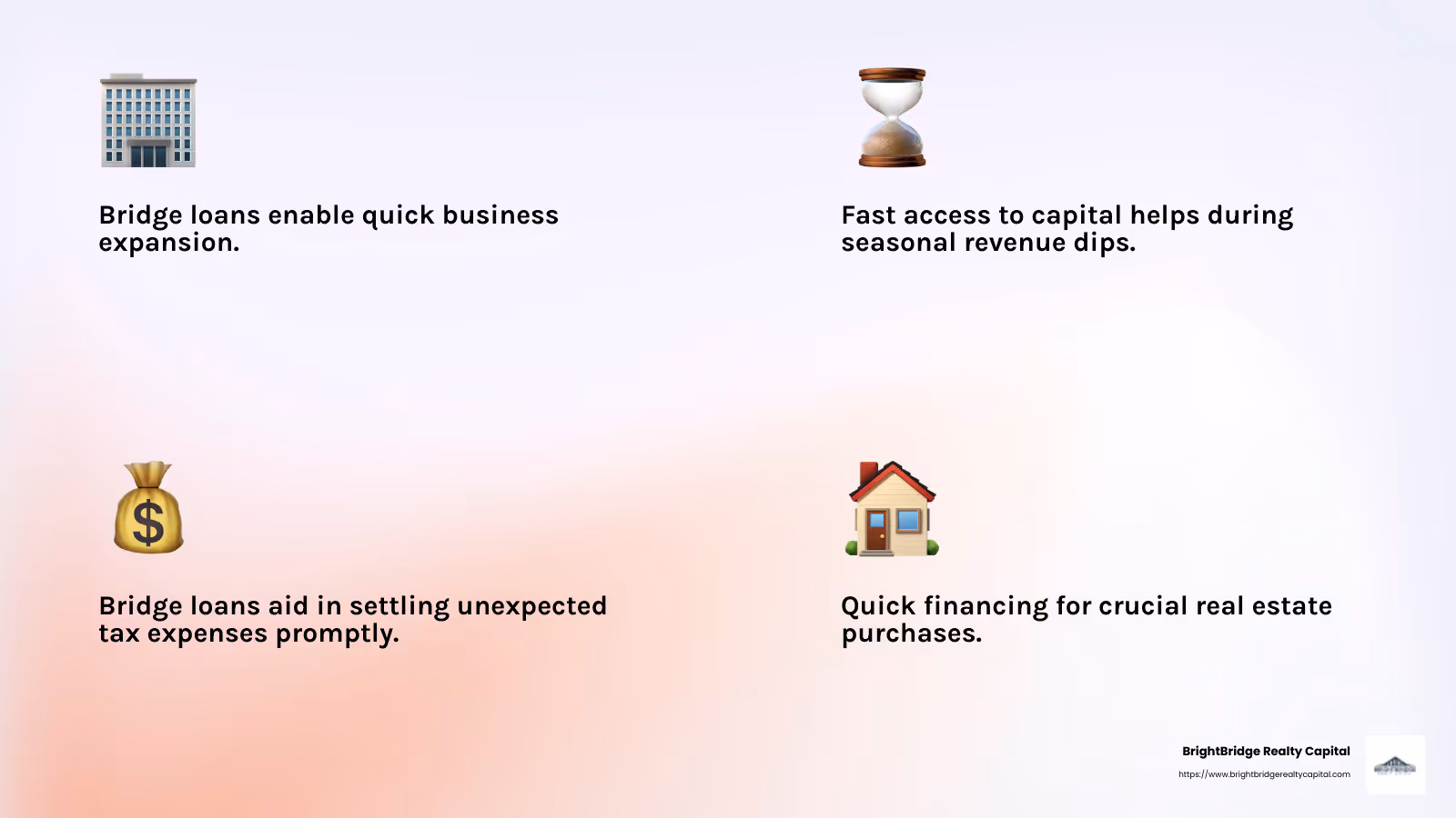 Fast bridge loans are ideal for business expansion, seasonal needs, tax expenses, and more - fast bridge loans for business infographic 4_facts_emoji_light-gradient