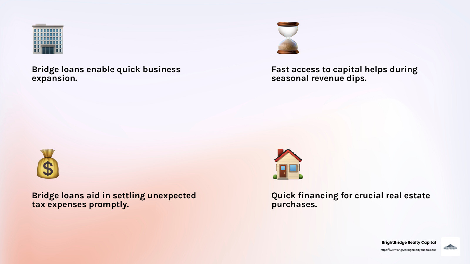 Fast bridge loans are ideal for business expansion, seasonal needs, tax expenses, and more - fast bridge loans for business infographic 4_facts_emoji_light-gradient