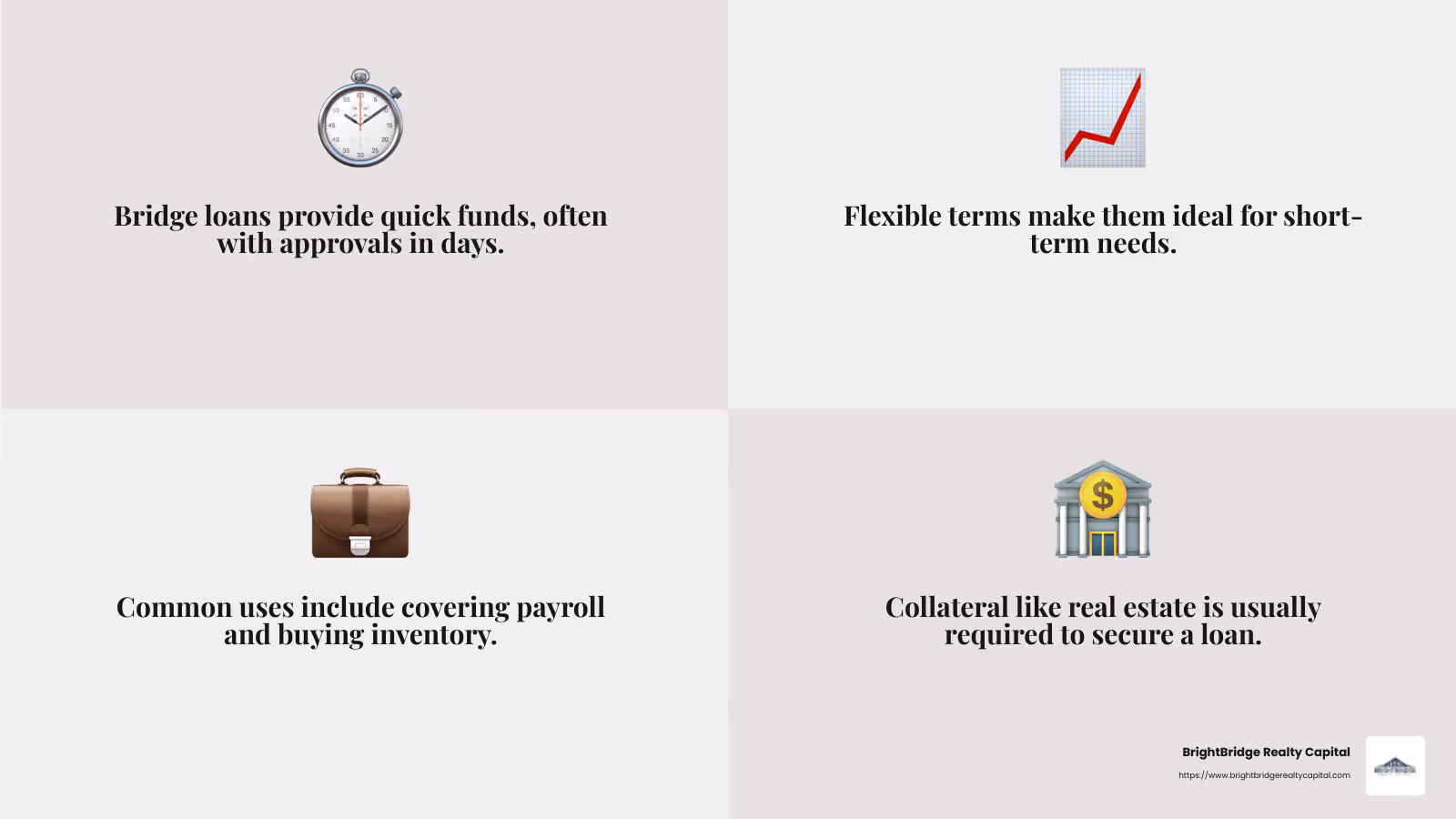 Bridge loans offer fast approval and flexible terms, making them ideal for immediate needs. - fast bridge loans for business infographic 4_facts_emoji_grey