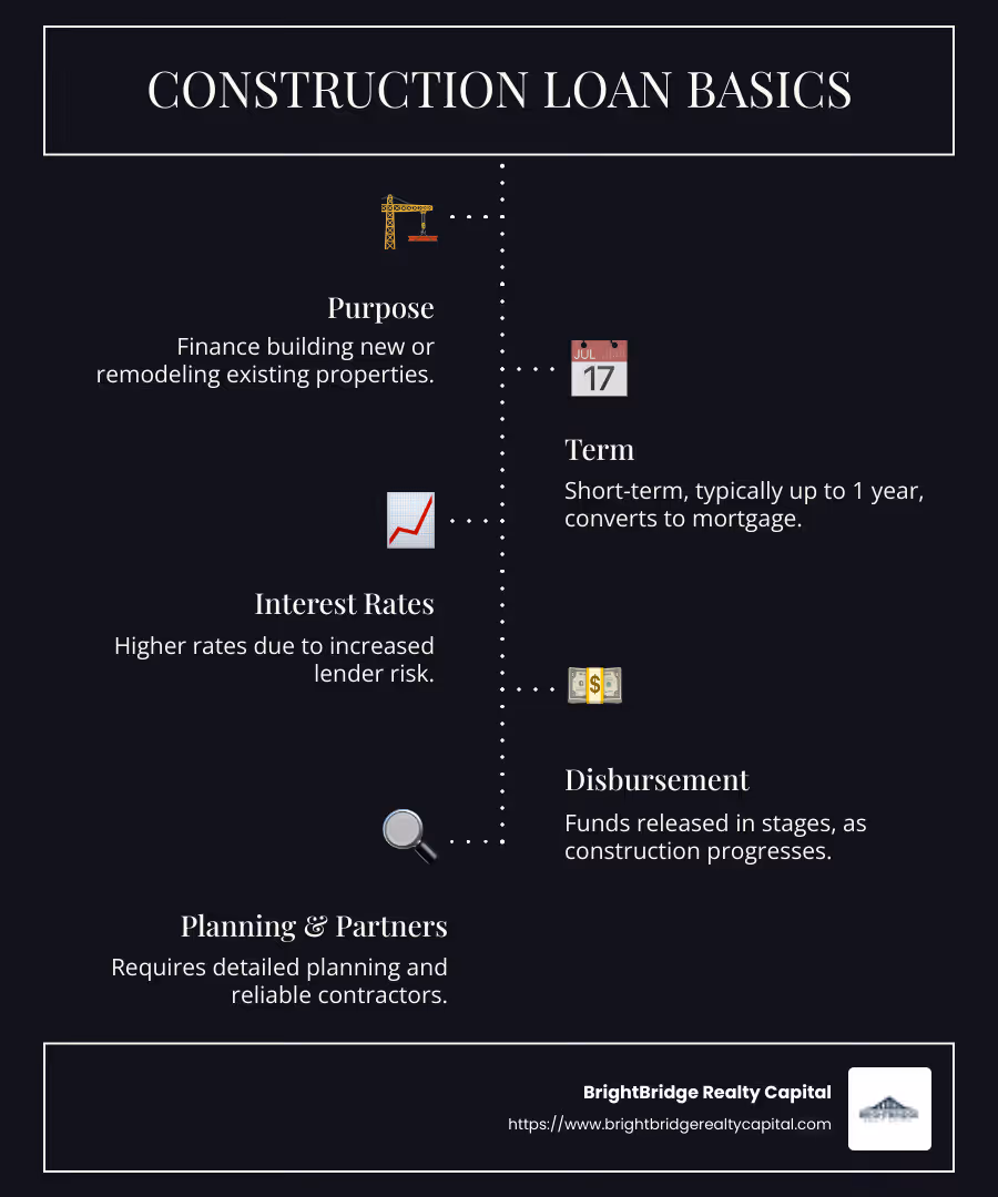 Infographic detailing the basics of construction loans: purpose, term, rates, and disbursement process - construction loan real estate development infographic infographic-line-5-steps-dark