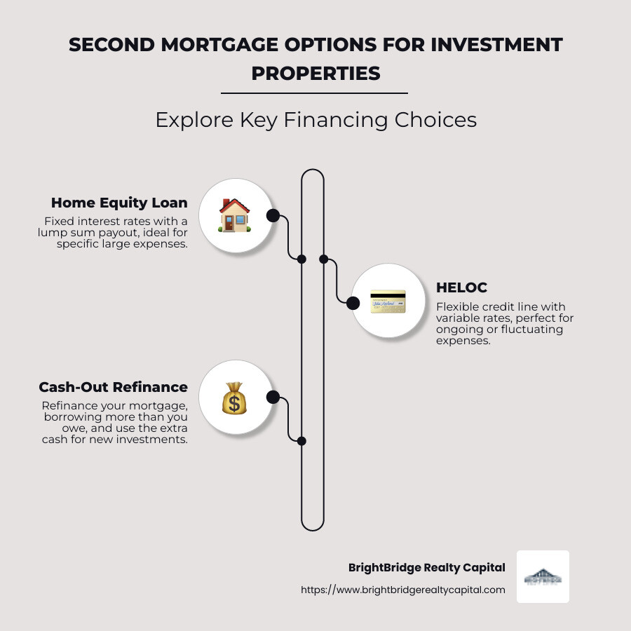 Infographic illustrating financing options for second mortgages on investment properties, showcasing home equity loans and HELOCs, their features such as interest rates, repayment terms, and potential tax benefits, along with tips for prudent financial planning. - second mortgage on investment property infographic infographic-line-3-steps-neat_beige