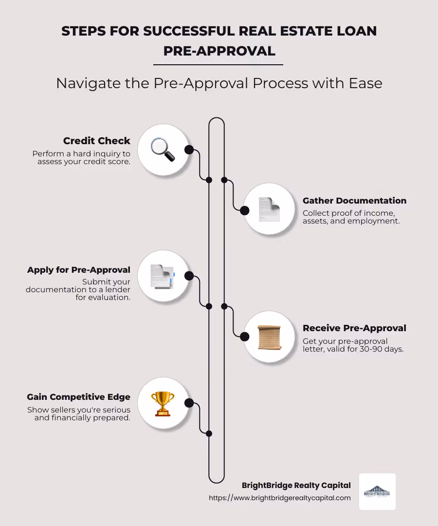 Infographic showing steps for successful real estate loan pre-approval process, listing credit check, documentation, validity period, and competitive advantage - real estate loan pre-approval infographic infographic-line-5-steps-neat_beige