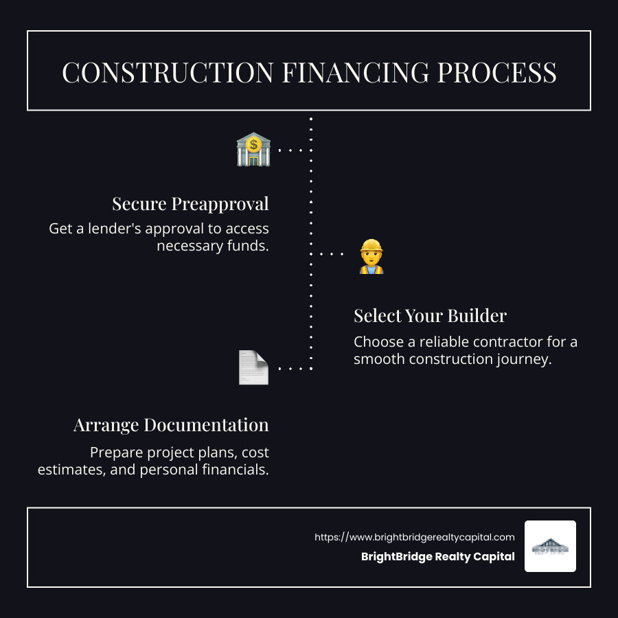 Detailed process infographic with flow from securing preapproval, selecting a builder, arranging documentation, and closing the loan with sub-steps for each - Construction financing process infographic infographic-line-3-steps-dark