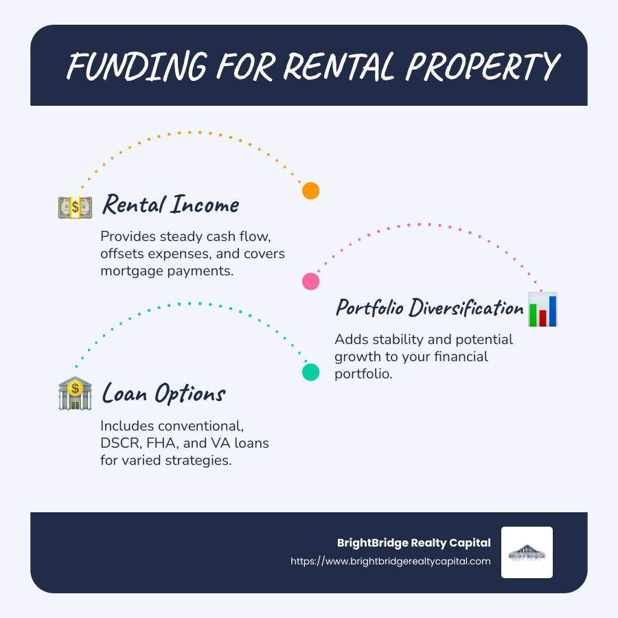 Infographic outlining key points: funding for rental property offers rental income benefits, supports portfolio diversification, and comes in various loan types including conventional, DSCR, FHA, and VA loans - funding for rental property infographic infographic-line-3-steps-blues-accent_colors