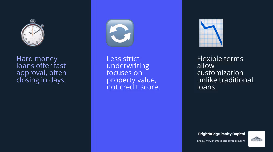 Fast approval and flexible terms make hard money loans a popular choice for real estate investors. - hard money rental property loans infographic 3_facts_emoji_blue