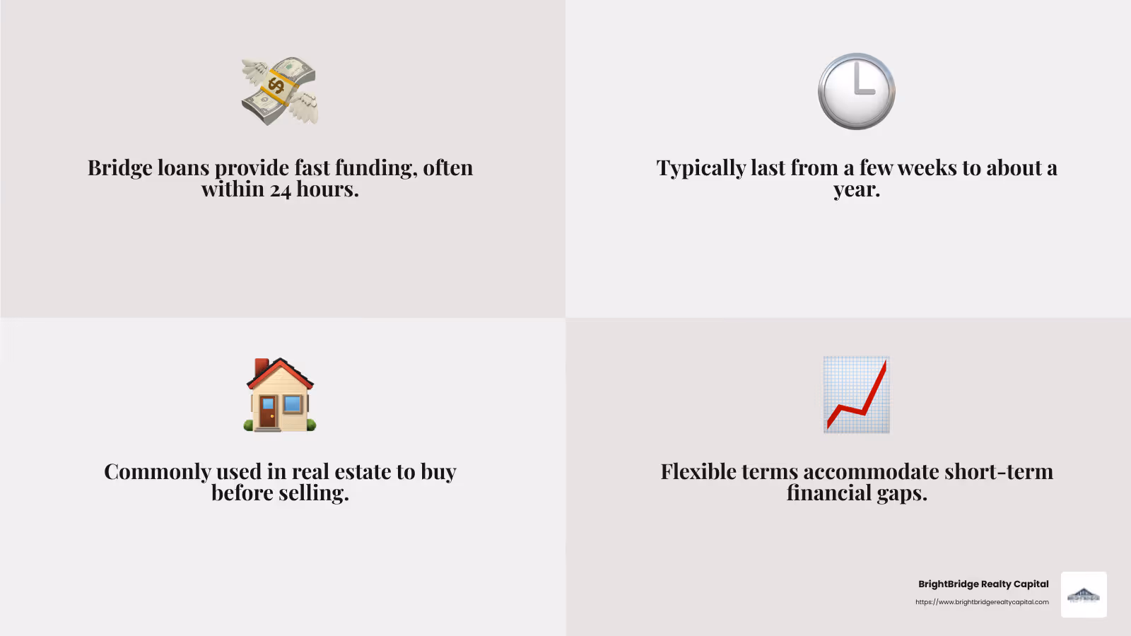 Fast funding for urgent needs - quick and simple bridge loans infographic 4_facts_emoji_grey