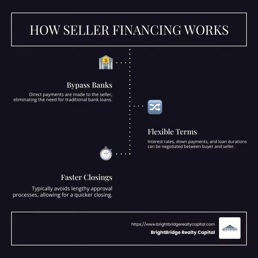 Infographic detailing how seller financing works, includes elements like flexible terms, bypassing banks, and quicker closings - Real estate owner financing infographic infographic-line-3-steps-dark