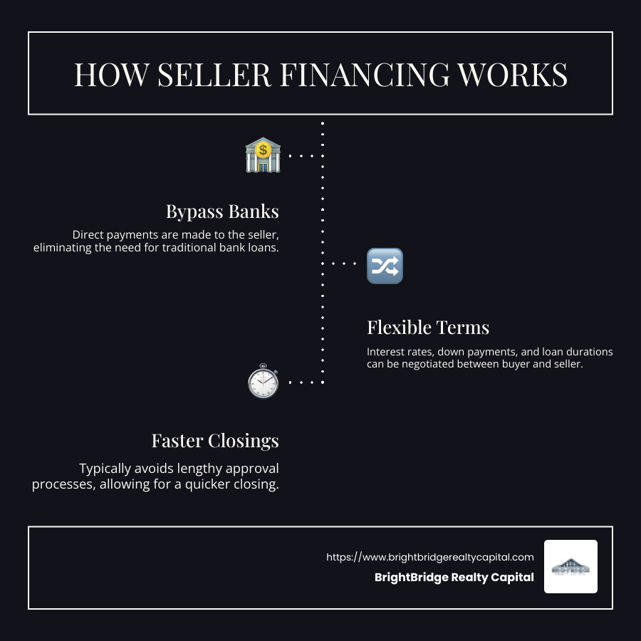 Infographic detailing how seller financing works, includes elements like flexible terms, bypassing banks, and quicker closings - Real estate owner financing infographic infographic-line-3-steps-dark