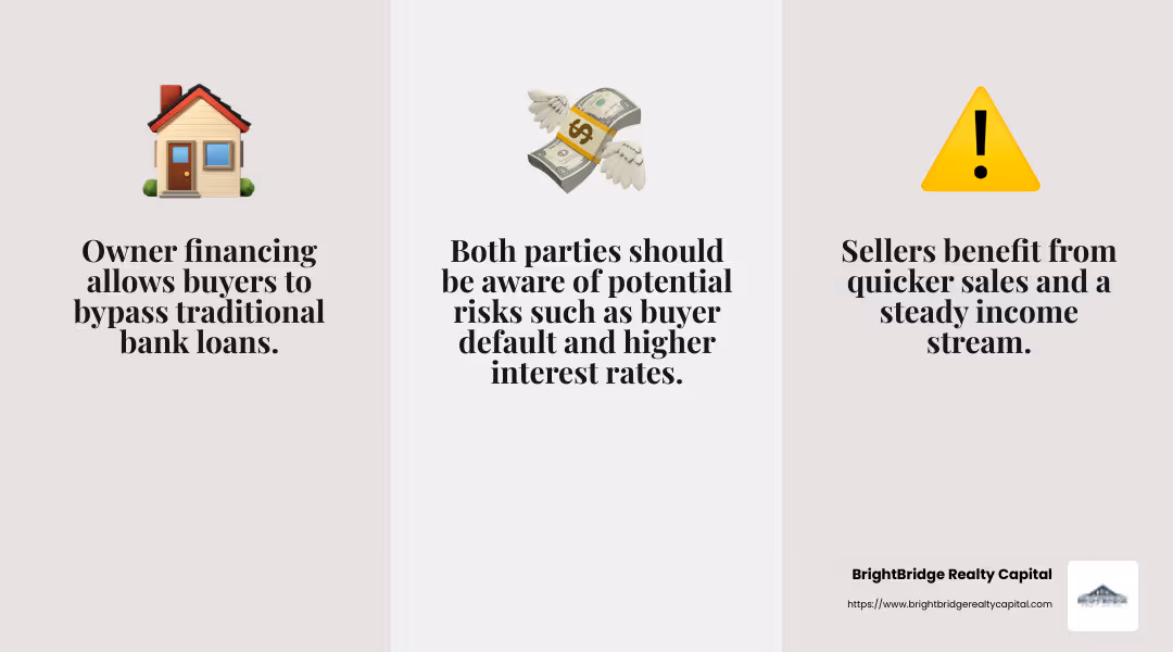 Seller financing can lead to quicker sales and higher sales prices for sellers, while providing buyers with easier access to homeownership. - Real estate owner financing infographic 3_facts_emoji_grey