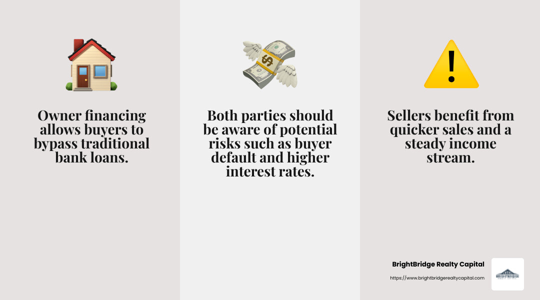 Seller financing can lead to quicker sales and higher sales prices for sellers, while providing buyers with easier access to homeownership. - Real estate owner financing infographic 3_facts_emoji_grey