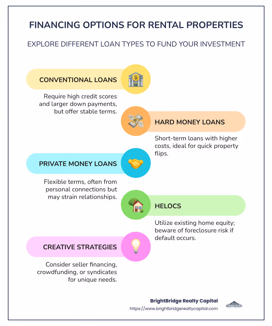 Infographic of Rental Property Financing Methods and Benefits - how to finance a rental property infographic infographic-line-5-steps-colors