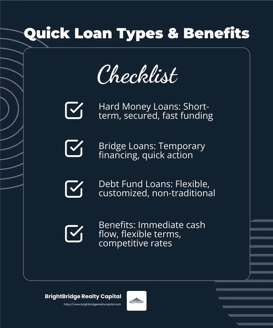 Quick Loan Benefits - Quick commercial real estate loans infographic checklist-dark-blue