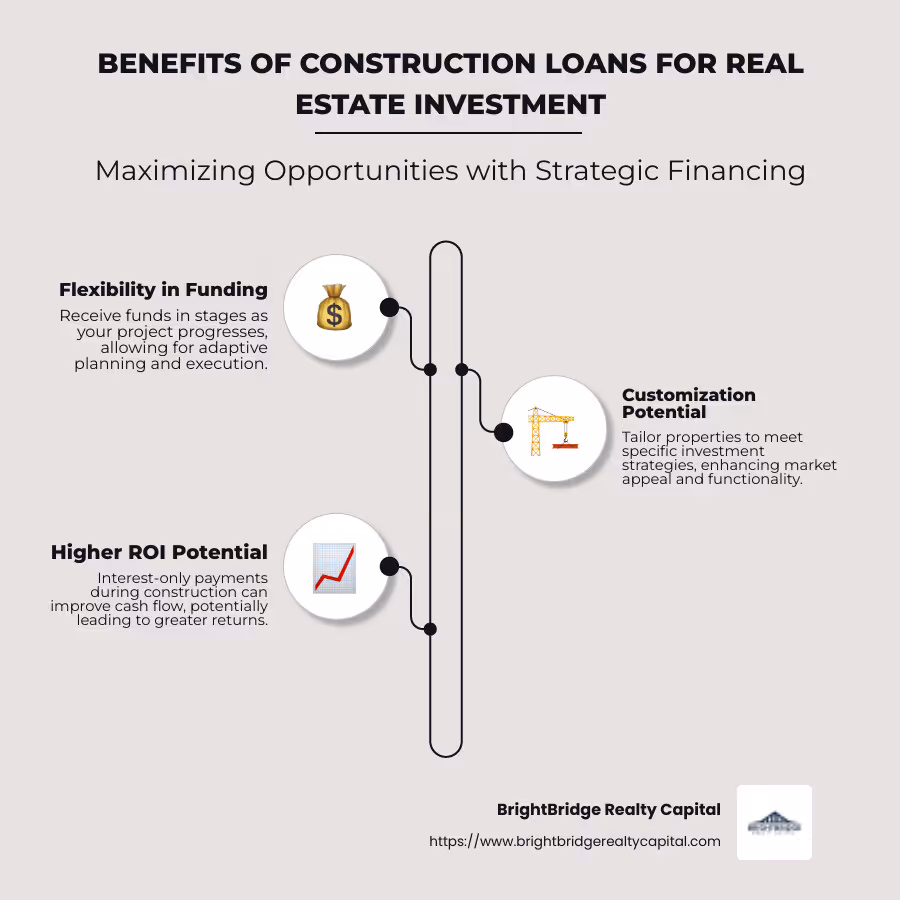 Infographic detailing construction loan types and their benefits for real estate investment, including benefits like flexibility, potential for higher ROI, and customization. - construction loans real estate investment infographic infographic-line-3-steps-neat_beige