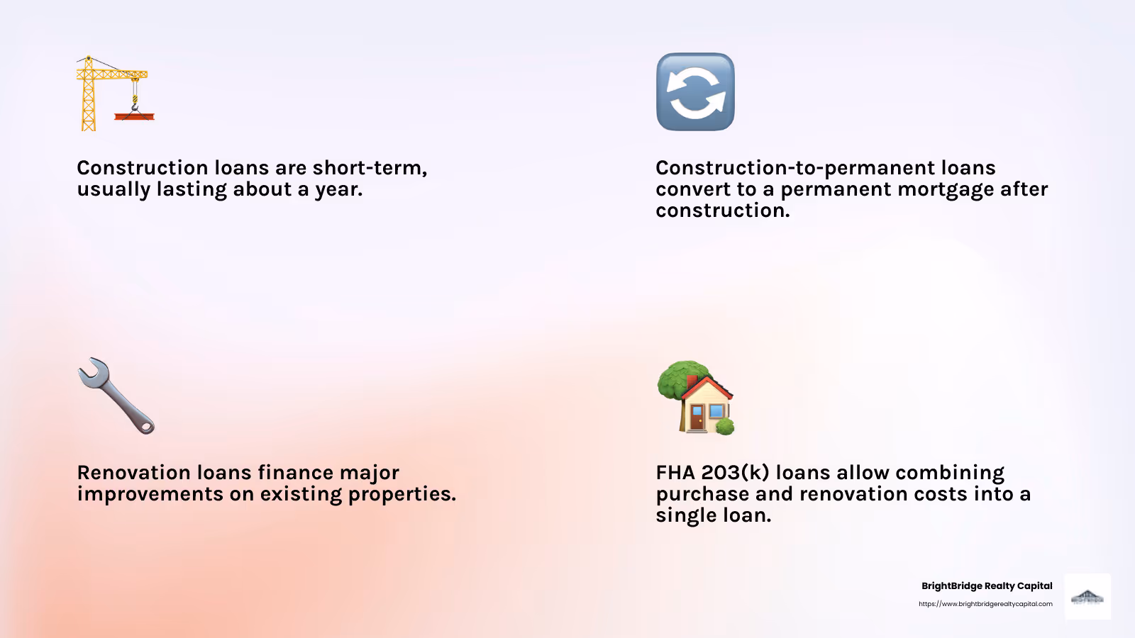Construction loans offer flexibility and customization for various projects. - construction loans real estate investment infographic 4_facts_emoji_light-gradient