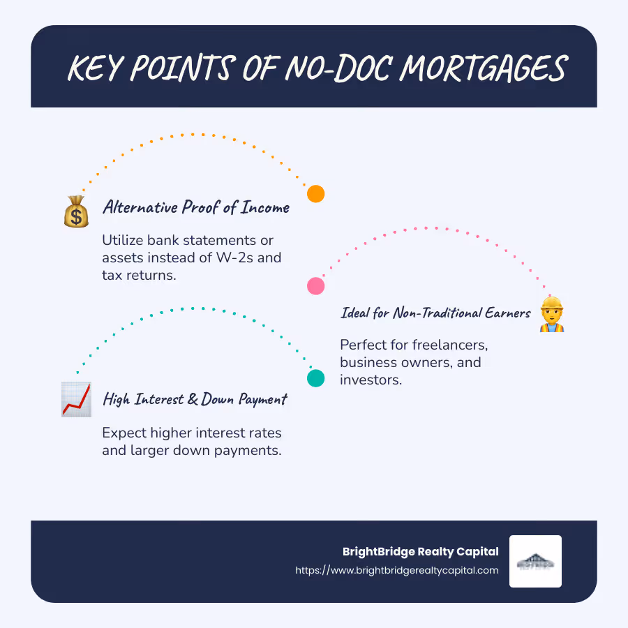 Infographic detailing key points of no-doc mortgages: alternative proof of income acceptance, suitable for non-traditional income earners, higher interest rates, and larger down payment expectations - mortgage no income verification infographic infographic-line-3-steps-blues-accent_colors