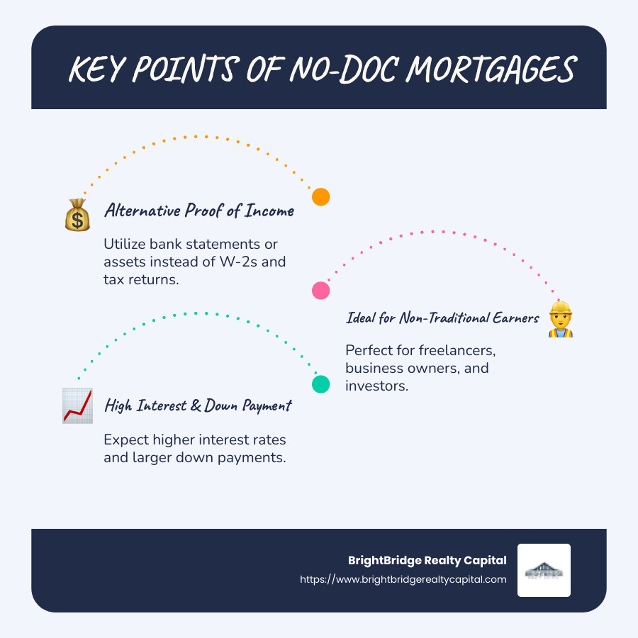 Infographic detailing key points of no-doc mortgages: alternative proof of income acceptance, suitable for non-traditional income earners, higher interest rates, and larger down payment expectations - mortgage no income verification infographic infographic-line-3-steps-blues-accent_colors