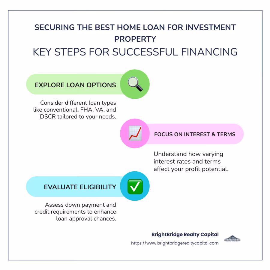 Investment Property Loan Insights Infographic: Highlighting Loan Options, Interest Rates, and Down Payment Requirements - best home loan for investment property infographic infographic-line-3-steps-colors