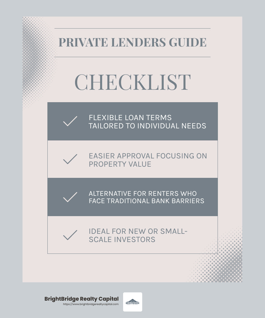 Private lenders focus more on the property's value rather than just credit scores, making approval easier for many investors. - private lenders for renters infographic checklist-light-blue-grey