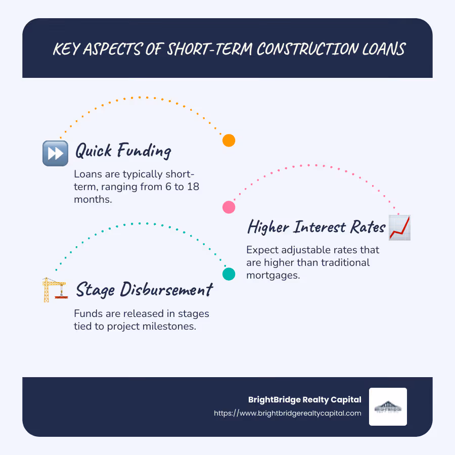 Infographic showing quick funding, higher interest rates, stage disbursement, and interest-only payments during the construction phase - short-term construction loans infographic infographic-line-3-steps-blues-accent_colors