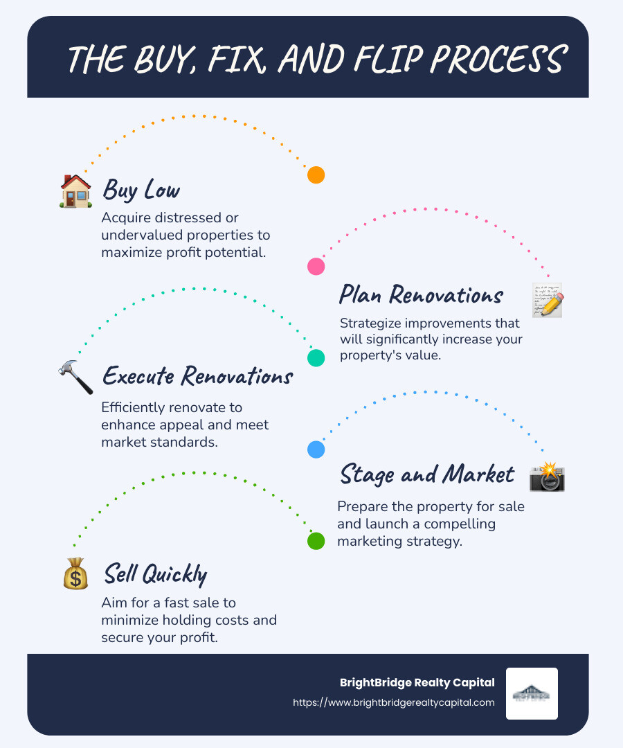 Infographic detailing the buy fix and flip strategy stages: Buying, Renovating, Selling, highlighting key steps and potential challenges - buy fix and flip infographic infographic-line-5-steps-blues-accent_colors