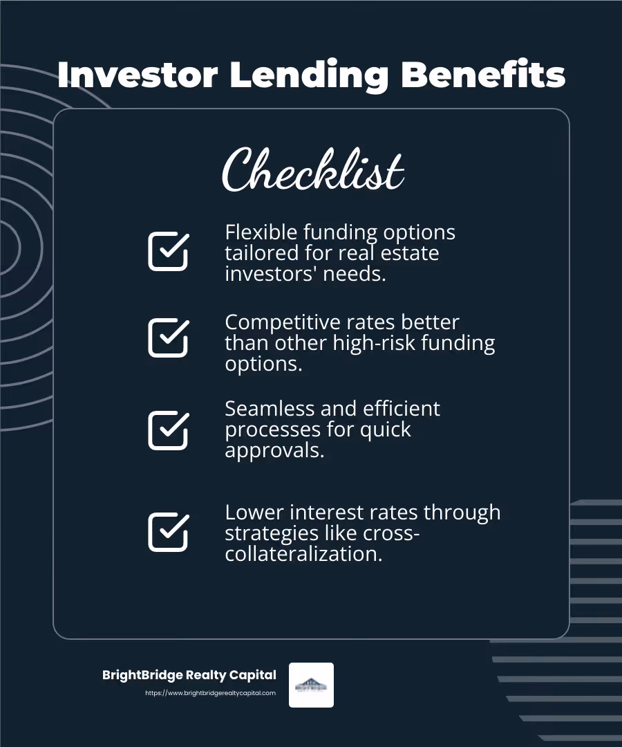 Investors benefit from seamless processes and quick approvals in real estate lending. - investor lending services infographic checklist-dark-blue