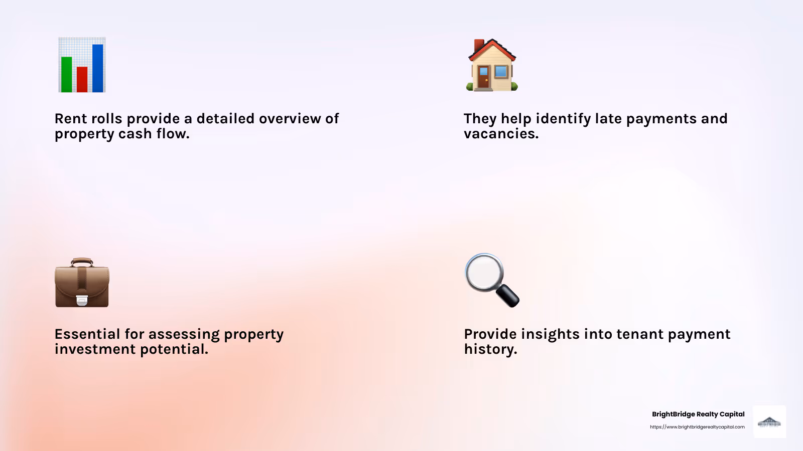 Rent rolls provide a real-time view of cash flow, helping investors make informed decisions. - rent roll finance infographic 4_facts_emoji_light-gradient