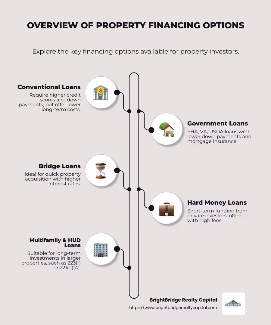 Infographic about property financing options overview with examples of each type and their primary benefits/suitabilities like conventional, government loans, bridge, hard money, HUD, illustrated with icons representing each type - property financing options infographic infographic-line-5-steps-neat_beige