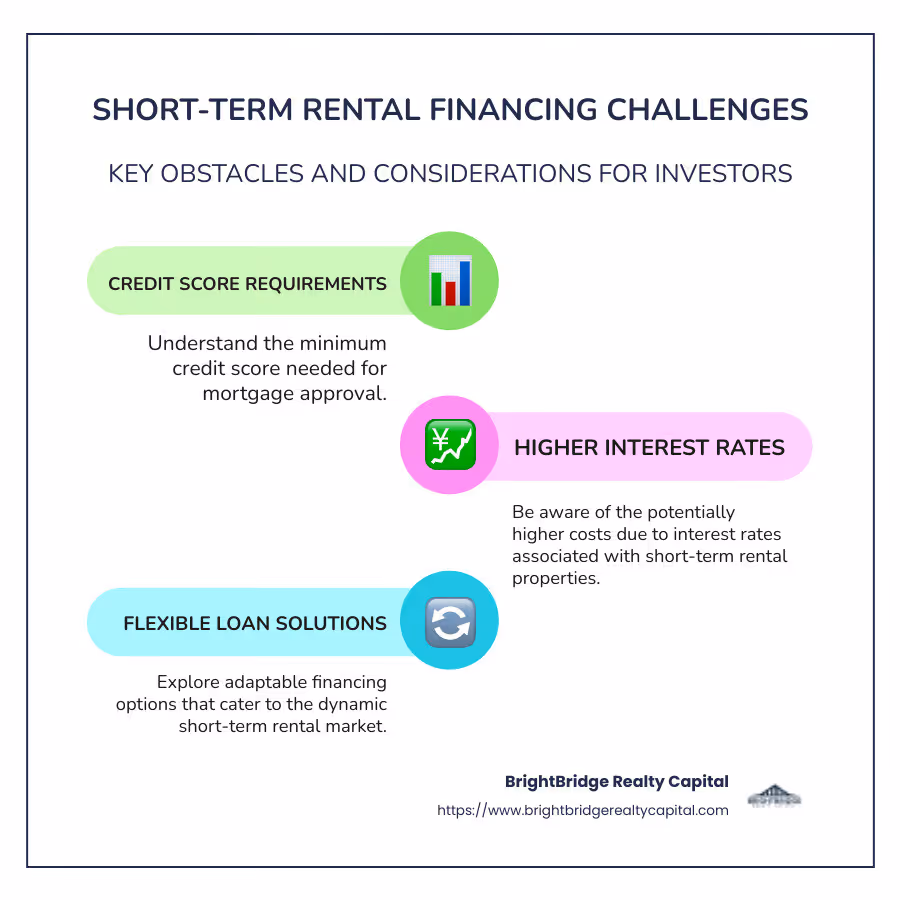Infographic detailing short-term rental financing challenges, including credit score requirements, higher interest rates, flexible loan solutions, and market adaptability - mortgage for short term rental property infographic infographic-line-3-steps-colors