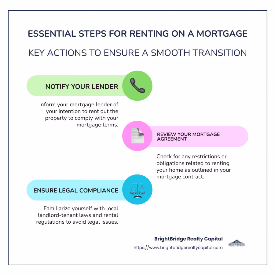 Essential tips for renting on a mortgage, including notifying your lender, reviewing mortgage terms, and understanding legal requirements - renting on a residential mortgage infographic infographic-line-3-steps-colors