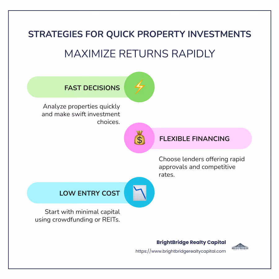 Infographic showing quick property investment strategies and pros & cons - quick property investments infographic infographic-line-3-steps-colors