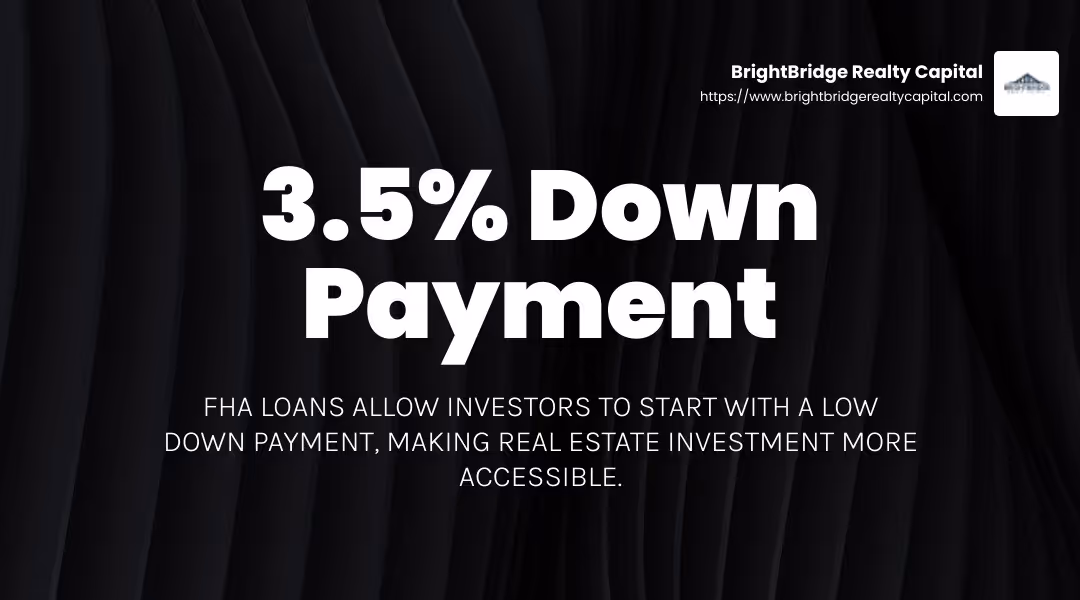 Low down payment requirement as low as 3.5% with FHA loans - types of loans for investment property infographic simple-stat-landscape-dark